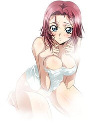 1girls blue_eyes blush breast_squeeze breasts code_geass female female_only human iyou kallen_stadtfeld large_breasts naked_towel pointy_chin pussy red_hair short_hair solo towel uncensored wet yukkyun