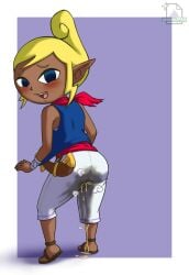 ass ass_focus blonde_hair blue_eyes butt_focus dark_skin fully_clothed nintendo omorashi peeing tetra the_legend_of_zelda urine white_pants