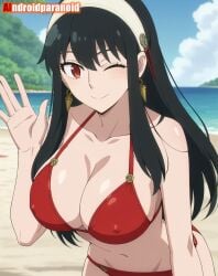 2025 ai_generated aindroidparanoid anime beach_background belly black_eyebrows black_hair_female closed_mouth closed_mouth_smile crunchyroll eyebrows_visible_through_hair female golden_earrings instagram looking_at_viewer manga meta mouth_closed one_eye_closed red_bikini red_eyes_female smile_at_viewer smiling_at_viewer spy_x_family tummy waving_at_viewer white_hairband winking_at_viewer yor_briar yor_forger