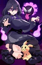 black_dress black_hair black_nails black_pantyhose black_shoes breasts claw_pose commentary commentary_request creatures_(company) double-parted_bangs dress earrings english_commentary eyeliner eyeshadow fangs feet female fingernails foot_fetish furrowed_brow game_freak gastly gen_1_pokemon gen_7_pokemon gengar hair_between_eyes hex_maniac hex_maniac_(pokemon_legends:_z-a) hex_maniac_(z-a) jewelry large_breasts lipstick long_fingernails long_hair long_sleeves looking_at_viewer makeup mimikyu mixed-language_commentary nail_polish neck_ribbon nintendo no_shoes open_mouth paid_reward_available pantyhose parted_lips patreon_username pokemon pokemon_(creature) pokemon_legends:_z-a purple_eyeliner purple_eyes purple_eyeshadow purple_lips purple_ribbon rezodwel ribbon shoes sitting soles sphere_earrings stirrup_legwear sweat toeless_legwear toes tongue tongue_out unworn_shoes watermark web_address yokozuwari