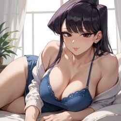 ai_generated bare_shoulders big_breasts black_hair blush female komi-san_wa_komyushou_desu komi_shouko light_skin lying_on_bed seductive sexy_pose smile sunny thick_thighs wide_hips