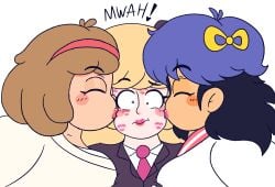 3girls annie_(drawful-s) blush blushing_female character_request cute drawful-s female female_only kiss_mark kissing lipstick lipstick_mark lipstick_mark_on_face lipstick_marks lulu_(drawful-s) nicol_(drawful-s) onomatopoeia threesome yuri