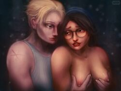 2girls alma_(monster_hunter_wilds) blonde_hair breasts brown_hair capcom female_only glasses holding holding_breast holding_breasts monster_hunter monster_hunter_wilds olivia_(monster_hunter_wilds) razorbladekitty scar tender yuri