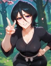 1girls ai_generated ass big_ass black_hair bleach bleach:_the_thousand-year_blood_war breasts cameltoe curvy hand_on_hip kuchiki_rukia large_ass lying_on_back nipples_visible_through_clothing outdoors pawg purple_eyes small small_breasts smile sogo v_sign wide_hips