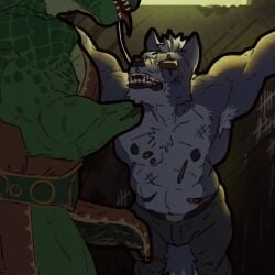 absurd_res armpit_hair avalath_tiger bared_teeth beaten_up bodily_fluids body_hair bottomwear bound chin_up clothed clothing clothing_lift dinosaur duo erection eye_patch eyewear faceless_character faceless_male general_scales genitals hi_res loincloth loincloth_lift looking_up male male/male missing_hand muscular muscular_male nintendo nipples penis prehistoric_species reptile saliva saliva_string scalie scar scars_all_over sharpclaw_(star_fox) shirtless star_fox tail tail_between_legs tally_marks vein veiny_muscles veiny_penis wolf_o'donnell