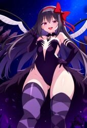 ai_generated akemi_homura akuma_homura artist_logo black_hair from_below hi_res long_hair madoka_worship magical_girl mahou_shoujo_madoka_magica puella_magi_madoka_magica purple_eyes ribbon seductive seductive_look space straight_hair thick_thighs thighhighs