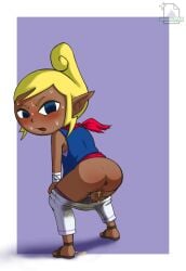 anus ass ass_focus blonde_hair blue_eyes butt_focus dark_skin fully_clothed nintendo sweat tetra the_legend_of_zelda twerking urine wet_pussy white_pants