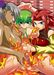 3girls breasts c.c. censored cheese code_geass dark-skinned_female dark_skin eating female female_only food interracial kallen_stadtfeld multiple_girls nipples nude pizza pizza_hut product_placement pussy sleeveless sleeveless_turtleneck turtleneck villetta_nu yuri