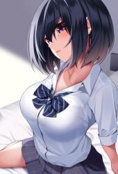 black_hair blush breasts collared_shirt commentary_request female huyumitsu large_breasts original pleated_skirt purple_eyes school_uniform shirt short_hair skirt solo white_shirt