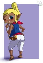 ass ass_focus blonde_hair blue_eyes butt_focus dark_skin fully_clothed nintendo tetra the_legend_of_zelda white_pants