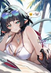 1boy 1girls background beach bikini breasts detailed_background feline goggles goggles_on_head hand_on_hand jane_doe_(zenless_zone_zero) light-skinned_female palm_tree pov pov_male rat rat_ears rat_tail seth_lowell zenless_zone_zero