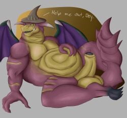 2019 activision anthro balls belly clothing cyprin_(spyro) daikuhiroshiama dragon erection genitals hat headgear headwear hi_res male mythological_creature mythological_scalie mythology overweight overweight_anthro overweight_male penis rescued_dragons_(spyro) scalie solo spyro_reignited_trilogy spyro_the_dragon wings