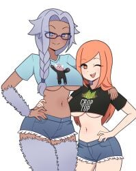 2girls babs_(blarghonator) bewear blue_eyes brown_eyes commission commissioner_upload corn crop_top dark-skinned_female denim_shorts freckles glasses large_breasts light-skinned_female loguhn oc original original_character pinup pinup_girls pinup_pose red_hair smile smiling smiling_at_viewer teliodraw the_city_of_reygarth underboob white_fur white_hair wink winking_at_viewer yeti yeti_(monster_girl_encyclopedia)