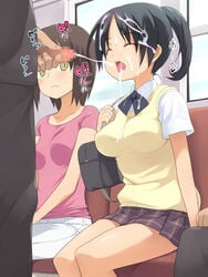 2girls black_hair blush breasts bukkake censored character_request chikan closed_eyes copyright_request cum cum_in_mouth cum_on_body cum_on_breasts cum_on_clothes cum_on_hair cum_on_upper_body dark-skinned_male dark_penis dark_skin ejaculation facial female happy_facial highres impossible_clothes impossible_clothing interracial large_breasts male masturbation molestation mosaic_censoring nora_higuma open_mouth penis public public_masturbation school_uniform serafuku short_hair sitting skirt train train_interior watching