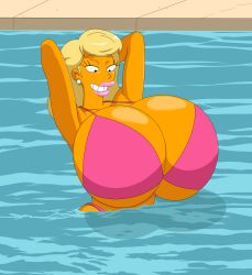 bikini blonde_hair hyper hyper_boobs hyper_breasts lips pearl_earrings pink_lips pool smile the_simpsons titania_(the_simpsons) turboranger water