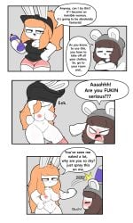 2d anthro areola areolae black_shirt blushing_male brown_hair bunny_girl casual_nudity chinchilla comic looking_away nude_female oc orange_hair page_3 pink_shorts spray_can throwing_object tina_(tonytoran) tony_(tonytoran) tonytoran undressing white_fur