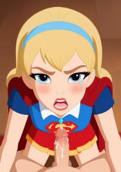 ai_generated angry blonde_hair blue_eyes clothing crying cum dc dc_comics dc_super_hero_girls dc_super_hero_girls_g1 hairband kara_danvers looking_at_viewer offscreen_character offscreen_male open_mouth penis pov skirt supergirl tears