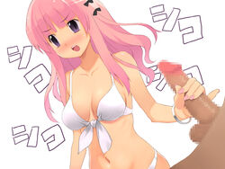 bikini blush bracelet censored character_request copyright_request dark-skinned_male dark_penis dark_skin embarrassed female handjob interracial jewelry long_hair male nail_polish nora_higuma penis pink_hair purple_eyes swimsuit text