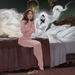 2girls bed frans_mensink ghost implied_yuri spooky tagme