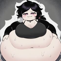 ai_assisted ai_generated ashley_graves big_belly big_breasts black_hair breasts cleavage fat fat_fetish huge_belly morbidly_obese obese pink_eyes smug sweat sweaty the_coffin_of_andy_and_leyley weight_gain white_skin