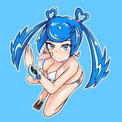 1girls bikini blue_angel blue_hair blush breasts card closed_mouth earrings erect_nipples female heart looking_at_viewer pose purple_eyes tajima_hal tattoo twintails yu-gi-oh! yu-gi-oh!_vrains zaizen_aoi