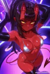 1girls ai_generated armpits arms_up balecxi barista bikini black_choker black_gloves black_hair black_thighhighs breasts collarbone colored_skin demon_girl demon_horns demon_tail elbow_gloves female freckles long_hair looking_at_viewer medium_breasts meru_(merunyaa) meruccubus_(merunyaa) mole mole_under_eye navel pointy_ears ponytail red_skin solo stripper_pole swimsuit thighhighs white_bikini yellow_eyes