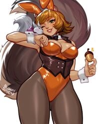 blushyspicy brown_hair bunny_ears bunnysuit leggings looking_at_viewer marvel squirrel squirrel_girl_(marvel) squirrel_tail thick_thighs