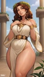 ai_generated brown_hair demiurgos goddess gold_jewelry greek_goddess greek_mythology hestia hestia_(greek_mythology) mythology tagme thick_thighs