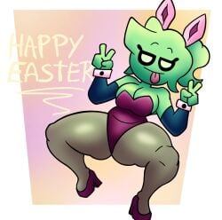 1girls 2d 2d_(artwork) 2d_artwork bedroom_eyes breasts bunny_costume bunny_ears bunny_girl bunnysuit busty busty_female cleavage curvaceous curvy curvy_body curvy_female curvy_figure double_v female green_body green_hair green_skin laying_down legs_apart legs_spread peace_sign playboy_bunny simple_background thick_thighs thighs tounge_out vhrox2 vhroxy_(character)