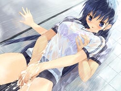 blue_eyes blue_hair bra breast_grab breasts buruma censored cum cum_on_body cum_on_hands cum_on_upper_body game_cg gym_uniform itsuki_aoba lingerie long_hair see-through shower soshite_ashita_no_sekai_yori thigh_sex thighs ueda_ryou underwear wet wet_clothes