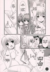 aoi_nagisa breast_press breasts comic female highres konohana_hikari monochrome multiple_girls nanto_yaya panties strawberry_panic strawberry_panic! suzumi_tamao symmetrical_docking translated underwear yuri