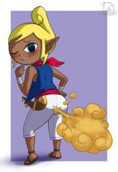 ass ass_focus blonde_hair blue_eyes butt_focus dark_skin fart farting fully_clothed nintendo tetra the_legend_of_zelda the_wind_waker white_pants wind_waker young