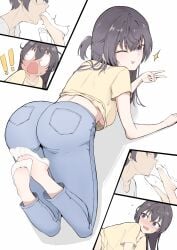 1boy 1girls 5koma ass bent_over big_ass blush brother_and_sister feet foot_fetish foot_lick foot_worship footwear horny horny_male incest jeans kok licking shirt siblings socks soles soles_of_feet_in_socks suou_yuki teasing toes toes_visible_through_clothing tokidoki_bosotto_russian_de_dereru_tonari_no_alya-san wide_eyed