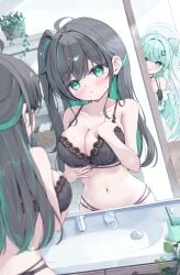 2girls angel angel_wings bathroom black_hair breast_growth green_eyes green_hair halo large_breasts lingerie mikaze_oto mirror mirror_reflection multicolored_hair multiple_girls neoteny original original_character peeping potted_plant pov streaked_hair sweatdrop worried