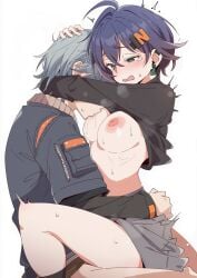 artist_request belle_(zenless_zone_zero) blue_hair blush breast_sucking breasts brother_and_sister clothed_sex embrace grey_hair hugging incest medium_breasts nipples sex shirt_lift short_hair short_hair_female siblings sucking_nipples wise_(zenless_zone_zero) zenless_zone_zero