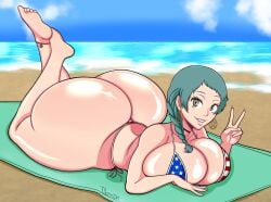 american_flag_bikini atlus beach beach_towel bermuda_art big_ass big_breasts blue_hair fuuka_yamagishi grown_up japanese_female outdoors persona persona_3 persona_4_arena sand sea sega smiling smiling_at_viewer sunlight teenage_girl voluptuous_female younger_female