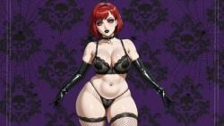 ai_generated goth_girl lace_bra orange_eyes original_character red_hair short_hair thong wallpaper