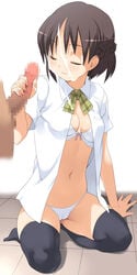 :3 bra braid brown_hair cameltoe censored character_request closed_eyes copyright_request cum dark-skinned_male dark_penis dark_skin facial female handjob happy_facial highres interracial lingerie male midriff mosaic_censoring necktie nora_higuma open_clothes open_shirt panties penis shirt short_hair sitting thighhighs underwear