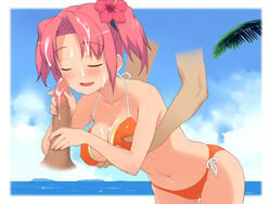 bikini blush breast_grab breasts censored closed_eyes cum disembodied_limb ejaculation facial flower hair_ornament handjob magic_penis nora_higuma ocean penis pink_hair short_hair side-tie_bikini swimsuit tied_hair twintails