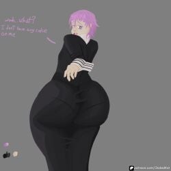 1boy 1femboy ass big_ass big_thighs black_dress blue_eyes crona crona_(soul_eater) curvaceous curvy curvy_body curvy_figure dialogue embarrassed femboy femboy_only jadedkat69 looking_back pantylines pear_shaped pencil_dress pink_hair solo_male soul_eater text thick_ass thick_thighs tight_clothing tight_dress tight_fit