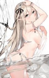 1girls armpits arms_up blonde_hair blush bracelet breasts butterfly_hair_ornament closed_mouth elf from_side hair_ornament hand_on_own_head jewelry large_breasts leaning_forward long_hair looking_at_viewer looking_to_the_side original original_character partially_underwater_shot pointy_ears shiny_skin sideboob solo sora_72-iro topless very_long_hair wading water wet