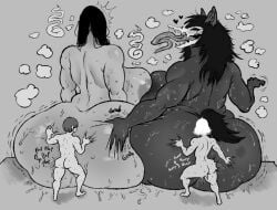 areola ass big_breasts big_butt black_hair bodily_fluids breasts canid canine female hair hi_res human hunkhanks larger_female larger_penetrated mal0 male mammal monochrome penetration scp-1471-a scp_foundation sex size_difference smaller_male straight sweat tail