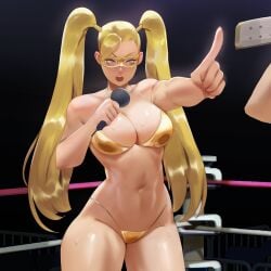 abs blonde_hair blue_eyes bra breasts capcom cleavage female fit_female golden_bikini high_leg_thong huge_breasts leoquezadilla mask masked_female micro_bikini midriff non_nude panties rainbow_mika solo_female street_fighter sweat taller_female thick_thighs thighs thong twintails wide_hips wrestling_ring