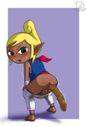 ass ass_focus blonde_hair blue_eyes butt_focus dark_skin fully_clothed nintendo peeing scat shit sweat tetra the_legend_of_zelda the_wind_waker urinating urinating_while_defecating urine white_pants wind_waker young