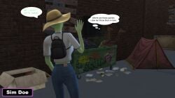 3d alien alien_girl alien_humanoid caption comic comic_page dirty_willy(sim_doe) english english_text green_hair green_skin hobo homeless homeless_male huni_of_8-x5(sim_doe) original_characters pantsless pantsless_male petite petite_body petite_female sim_doe sims sims4 sims_4 skinny skinny_female speech_bubble speech_bubbles the_sims the_sims_4