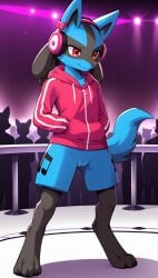 1girls 2025 ai_generated anthro black_fur blue_fur bottomless bottomless_female club crowd digitigrade dj female female_lucario female_only generation_4_pokemon headphones hi_res hoodie indoors innie_pussy lucario neon_lights nintendo pokemon pokemon_(species) pussy red_eyes smile