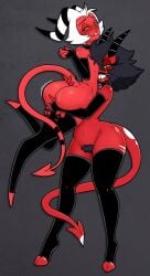 2024 2demons ass_sweat hairy_pussy helluva_boss hooves horns imp lip_bite looking_at_viewer millie_(helluva_boss) moxxie_(helluva_boss) one_female one_male red_hair smaller_male stockings sweat sweatdrop tail tail_grab twink white_hair wrenzephyr2