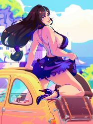 1girls absurd_res black_hair breasts car dress dress_lift female female_only final_fantasy final_fantasy_vii grand-sage hi_res high_heels large_breasts looking_back purple_dress red_eyes sideboob solo thighs tifa_lockhart