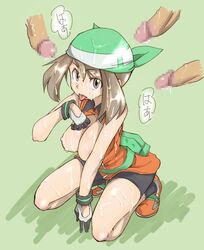 :p alternate_costume bandana breasts brown_eyes brown_hair bukkake censored clothing cum cum_on_body cum_on_breasts cum_on_clothes cum_on_hair cum_on_upper_body facial female gloves green_background green_bandana human human_only large_breasts male may_(pokemon) may_(pokemon_emerald) mmmf_foursome nipples open_clothes open_shirt penis pokemon pokemon_adventures pokemon_rse shirt short_hair shorts simple_background straight surrounded_by_penises tongue wristband zaitsu