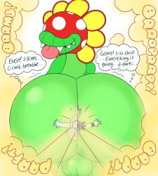 2girls balls big_ass big_balls big_butt bigger_male drawful-s english english_text fart fart_cloud fart_fetish fart_torture farting flattened flattening flattered flower green_skin mario_(series) nintendo onomatopoeia petey_piranha piranha_plant smaller_female super_mario_bros. tongue_out white_background yellow_fart yellow_fart_cloud